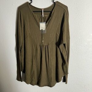 Free People Olive Button-Front Blouse